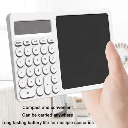 White Handwriting Board with Calculator and Stand for Notes and Doodling, compact white ABS writing tablet with integrated calculator and stand