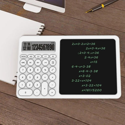 White Handwriting Board with Calculator and Stand for Notes and Doodling on wooden desk showing calculator and writable black screen for math notes