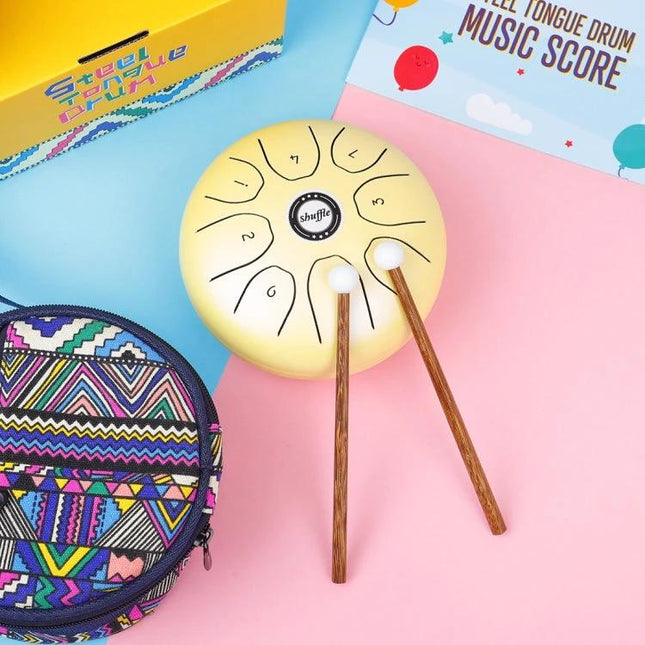Shuffle Steel Tongue Drum for Daily Home Relaxation Sessions - compact pebble-shaped gold drum with mallets and carrying case