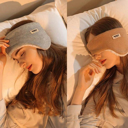 Golovejoy Beige Winter Warm Earmuffs Set With Earplugs And Sleep Mask shown in beige sleep mask worn by a woman lying on pillow, travel and bedtime accessory
