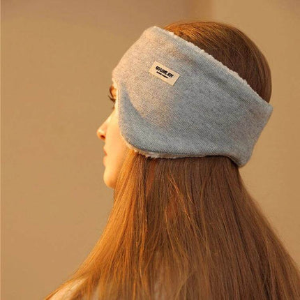 Golovejoy Beige Winter Warm Earmuffs Set With Earplugs And Sleep Mask - beige earmuffs headband worn by woman for travel sleep and noise reduction