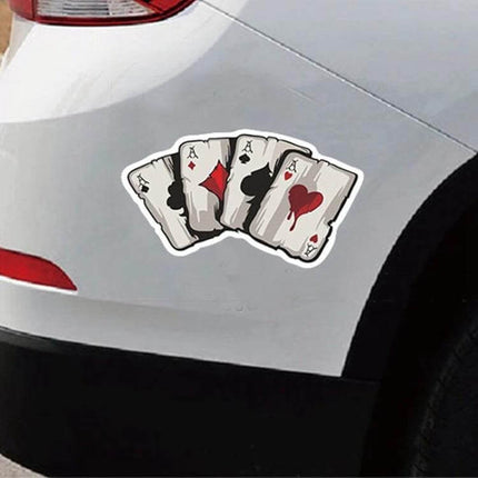Colorful Reflective Playing Card Stickers, Set of 10 for Vehicles on white car showing four ace card designs enhancing visibility and style