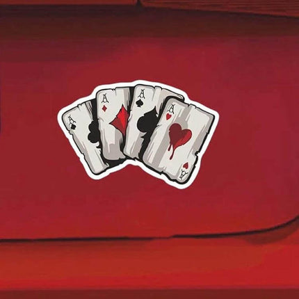 Colorful Reflective Playing Card Stickers, Set of 10 for Vehicles - four ace card reflective sticker on red car, durable PET, easy stick/remove