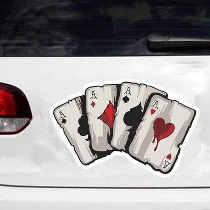 Colorful Reflective Playing Card Stickers, Set of 10 for Vehicles on white car rear showing four blood-drip ace cards reflective PET decal