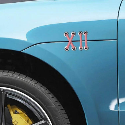 Reflective Shoelace Car Stickers for Scratch Protection on blue car fender showing pink shoelace-style PET protective decals