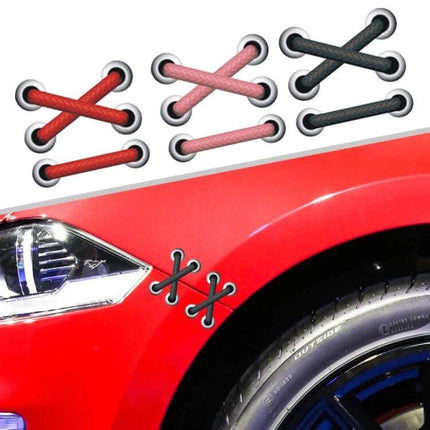 Reflective Shoelace Car Stickers for Scratch Protection applied on red car fender showing black and red shoelace-style PET scratch guards