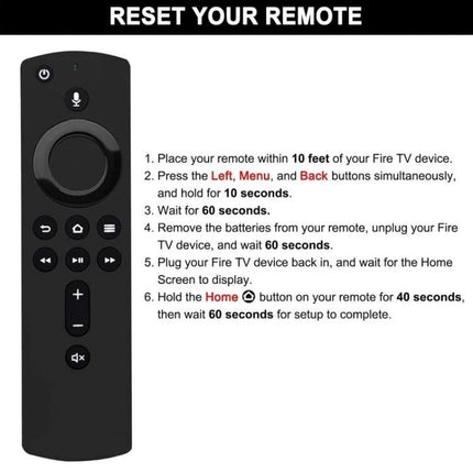 Amazon Fire TV Stick Bluetooth Voice Remote for Easy Content Control image showing reset steps and remote for voice-activated streaming control
