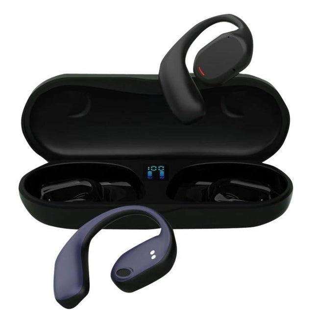 Open Ear Wireless Headset For Jogging And Business Calls JS270 open-ear Bluetooth headset in black with charging case