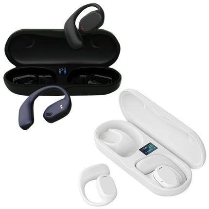 Open Ear Wireless Headset For Jogging And Business Calls JS270 in black and white with charging cases and open-ear design