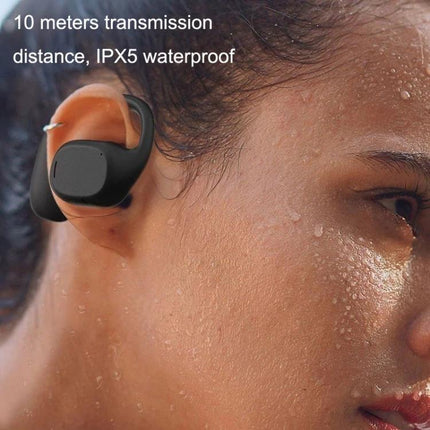 Open Ear Wireless Headset For Jogging And Business Calls showing IPX5 sweatproof design on ear during running