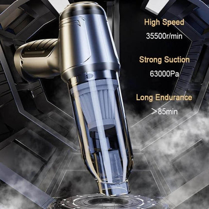 SUITU Car Wireless Wet And Dry Handheld Vacuum Cleaner Black shown with 63,000Pa strong suction, USB charging, compact cordless design and attachments