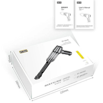 SUITU Car Wireless Wet And Dry Handheld Vacuum Cleaner Black compact cordless car vacuum with attachments on product box