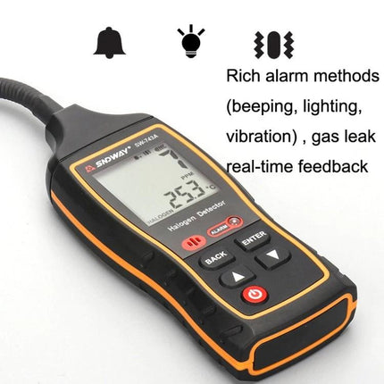 SNDWAY Halogen Gas Detector for Automotive Refrigerant Leaks handheld sensor showing LCD, buttons and probe for detecting car AC refrigerant leaks