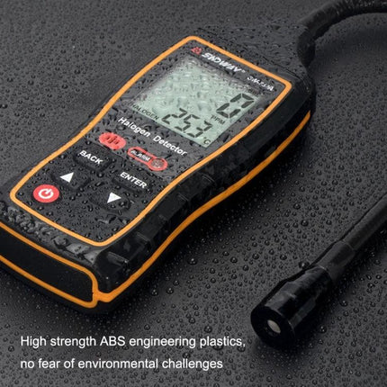SNDWAY Halogen Gas Detector for Automotive Refrigerant Leaks handheld sensor showing digital display and probe, water-resistant design