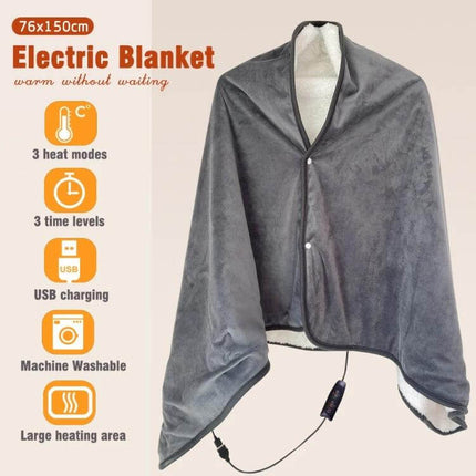 USB Electric Heated Shawl Blanket 76x150cm For Cold Weather Comfort shown draped with USB controller, lambswool interior and fastening