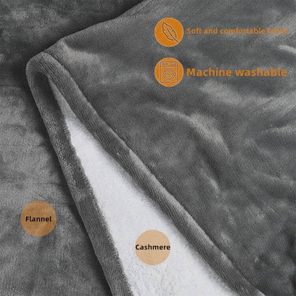 USB Electric Heated Shawl Blanket 76x150cm For Cold Weather Comfort - gray flannel exterior with white lambswool interior, machine washable, soft and drape-friendly