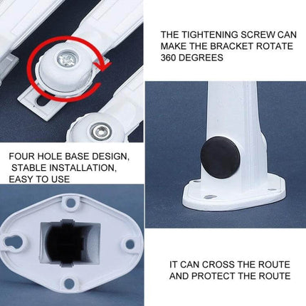 Hikvision Aluminum Mounting Bracket Set for Security Cameras showing adjustable 360° rotating tightening screw and four-hole base for stable wall installation