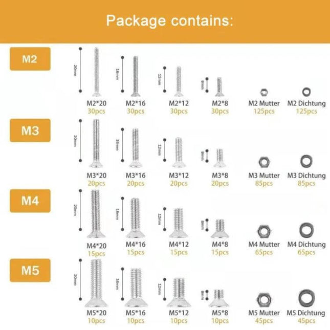 Flat Head Hex Socket Screws Gasket Ring Set 940 Pcs - stainless steel M2-M5 assortment with screws, nuts and gasket rings for flush, sealed installations