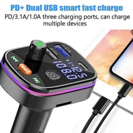 Car Bluetooth MP3 Player With FM Transmitter For Cars compact dash unit with USB ports, Bluetooth 5.0, FM display and dual charging cables