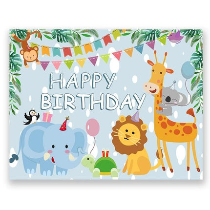 Versatile Birthday Party Background Cloth for Decorations and Photos — cute jungle animal backdrop with 'Happy Birthday' text, durable non-reflective photo cloth