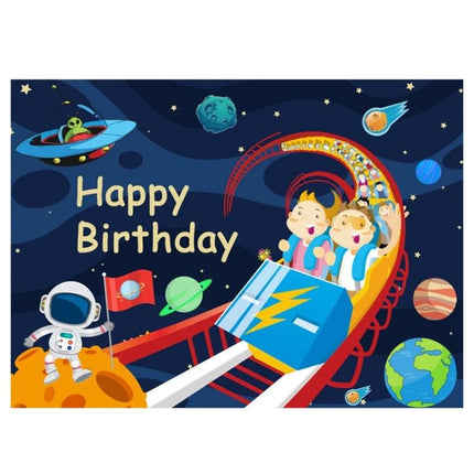 Versatile Birthday Party Background Cloth for Decorations and Photos - space-themed kids rollercoaster happy birthday backdrop, durable non-reflective cloth