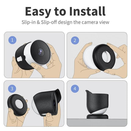 Silicone Protective Cover for Google Nest Outdoor Camera shown in four-step easy to install slip-in slip-off demonstration
