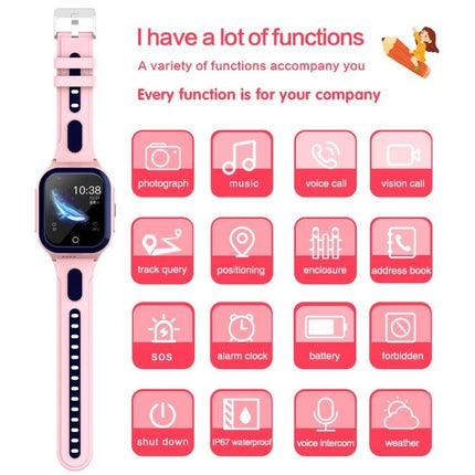 Children's GPS Watch for Daily Safety and Family Communication - pink kids smartwatch showing positioning, video call, SOS, waterproof and tracking features