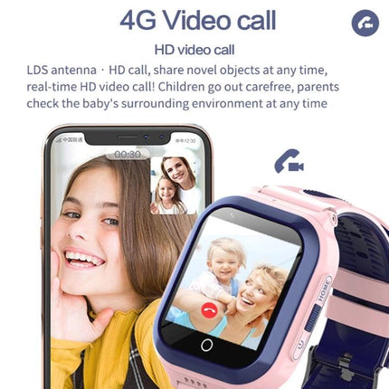 Children's GPS Watch for Daily Safety and Family Communication showing 4G video call on pink kids smartwatch and parent on smartphone