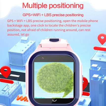 Children's GPS Watch for Daily Safety and Family Communication showing pink kids smartwatch with GPS/WiFi/LBS positioning display