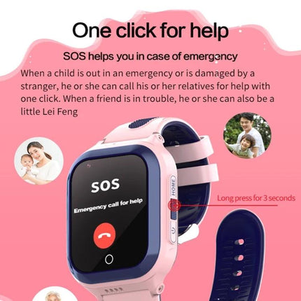 Children's GPS Watch for Daily Safety and Family Communication - pink kids SOS watch showing emergency call screen and one-click help