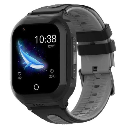 Children's GPS Watch for Daily Safety and Family Communication - black kids smartwatch showing time and whale graphic