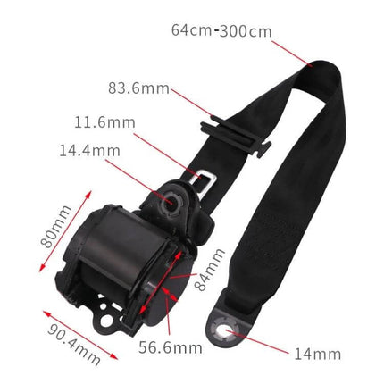 Universal 3-Point Car Retrofit Seat Belt With Emergency Locking - black retrofit three-point belt with retractor and measurements