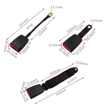 Universal 3-Point Car Retrofit Seat Belt With Emergency Locking - black buckle components and measured dimensions for DIY installation