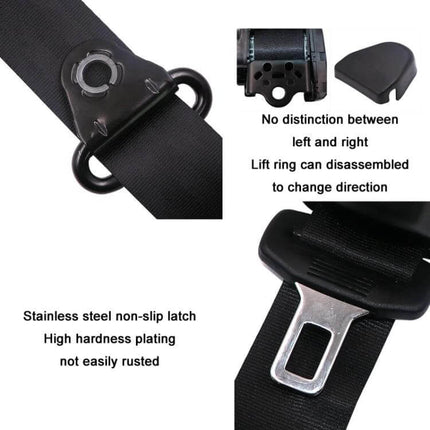 Universal 3-Point Car Retrofit Seat Belt With Emergency Locking shown with polyester webbing, stainless steel non-slip latch and reversible lift ring for DIY retrofit