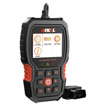 Essential ANCEL Scanner for Routine Truck Maintenance - handheld OBD2 diagnostic tool showing menu icons and connector