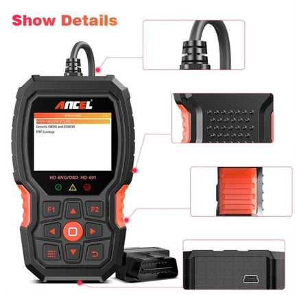 Essential ANCEL Scanner for Routine Truck Maintenance - handheld OBD2 code reader showing screen, buttons and connector