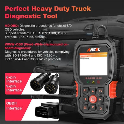 Essential ANCEL Scanner for Routine Truck Maintenance handheld diagnostic tool reading engine and brake codes with 6-pin 9-pin and OBDII interfaces