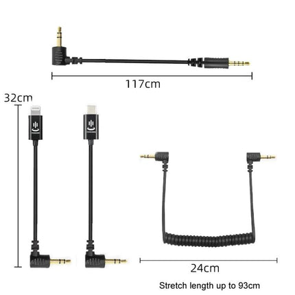 Adapter for Everyday Mobile Microphone Connections – black 3.5mm to Lightning/USB‑C coiled and straight cables with angled plugs, 24–117cm length options