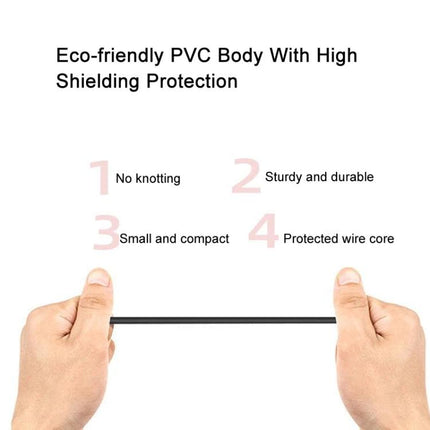 Adapter for Everyday Mobile Microphone Connections showing eco-friendly PVC body, no knotting, sturdy durable compact design and protected wire core