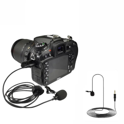 Rode Lavalier Microphone for Daily Presentations and Meetings clipped to clothing beside DSLR with 3.5mm jack