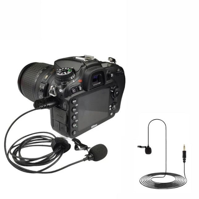 Rode Lavalier Microphone for Daily Presentations and Meetings clipped to clothing beside DSLR with 3.5mm jack