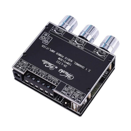 Bluetooth Amplifier for Home Audio with Subwoofer Support compact black board with volume knobs and speaker terminals