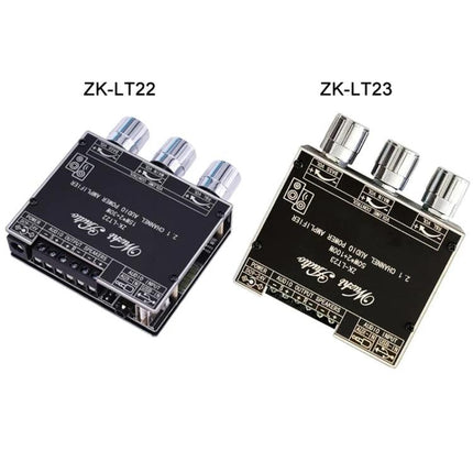Bluetooth Amplifier for Home Audio with Subwoofer Support showing two compact black ZK-LT22 and ZK-LT23 amplifier units with knobs and input ports