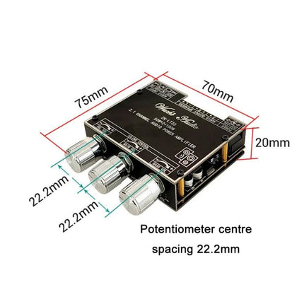 Bluetooth Amplifier for Home Audio with Subwoofer Support compact stereo amp board with three control knobs and dimensional markings