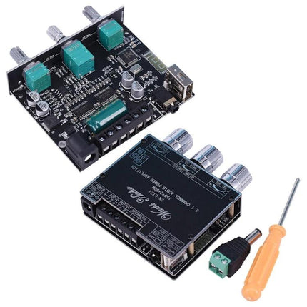 Bluetooth Amplifier for Home Audio with Subwoofer Support compact board with knobs, USB, AUX, screw terminal and screwdriver accessory