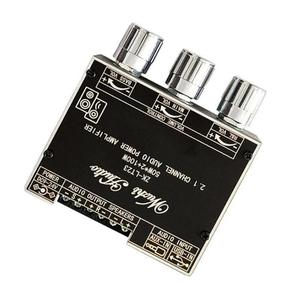 Bluetooth Amplifier for Home Audio with Subwoofer Support compact black mini amp with volume knobs and speaker/subwoofer connections