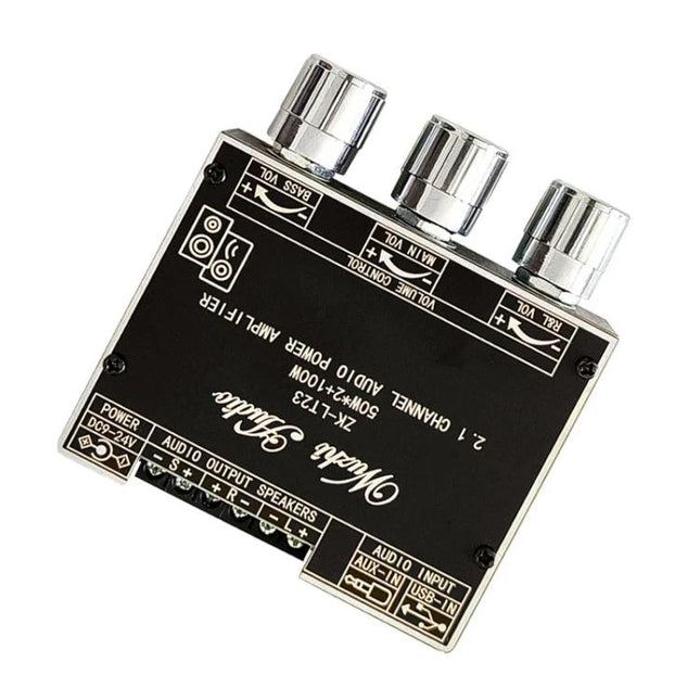 Bluetooth Amplifier for Home Audio with Subwoofer Support compact black mini amp with volume knobs and speaker/subwoofer connections