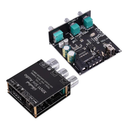 Bluetooth Wireless Audio Receiver with Amplifier for Home Speakers showing compact black PCB modules with volume knobs, RCA and AUX ports