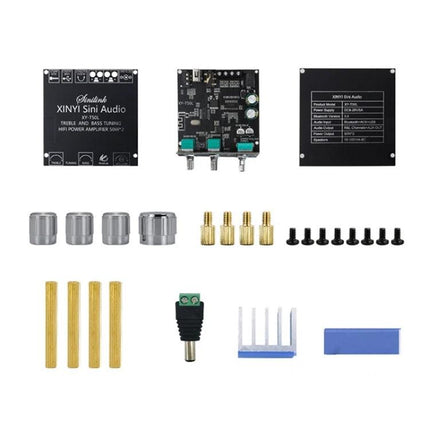 Bluetooth Wireless Audio Receiver with Amplifier for Home Speakers showing board, control knobs, terminals and accessories kit
