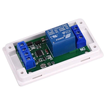 12V Adjustable Delay Relay Module for Vehicle and Appliance Timing - white PCB with blue relay and terminal blocks, adjustable 1-120s timing for cameras and appliances